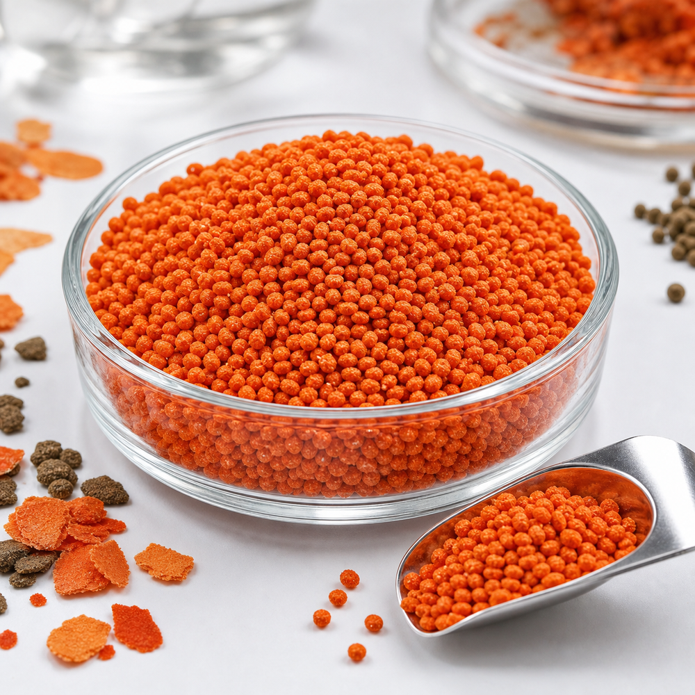 Orange fish feed granules for pellet size comparison