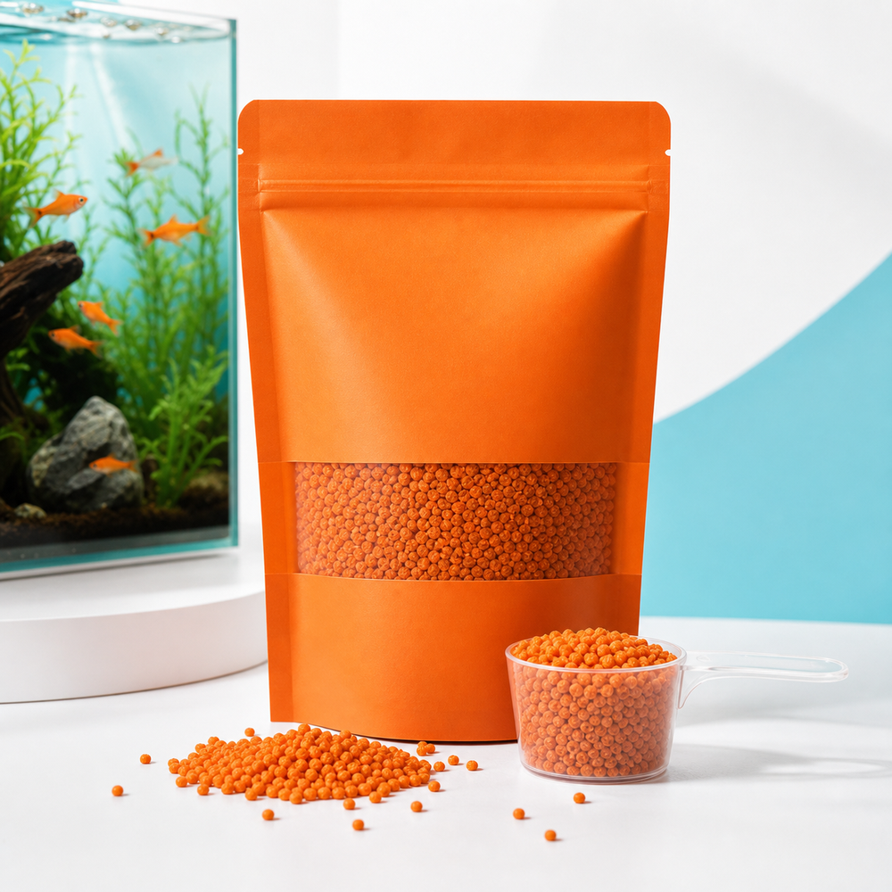 Orange fish feed packaging for storage and shelf-life planning