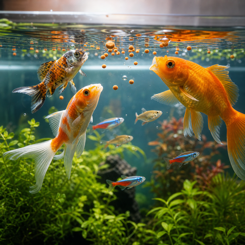 Aquarium fish eating orange floating feed pellets