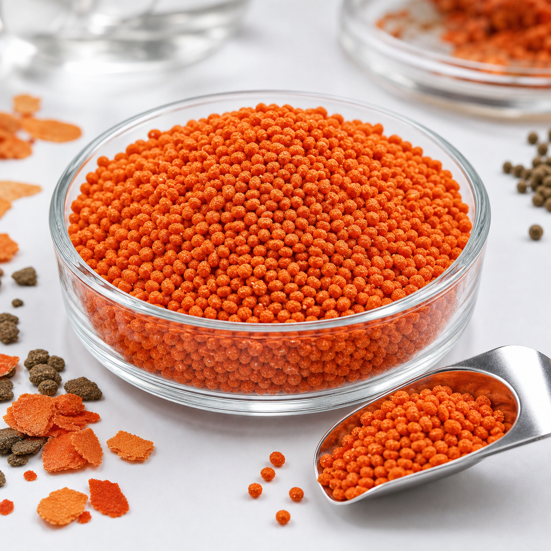 Orange fish feed granules for pellet size comparison