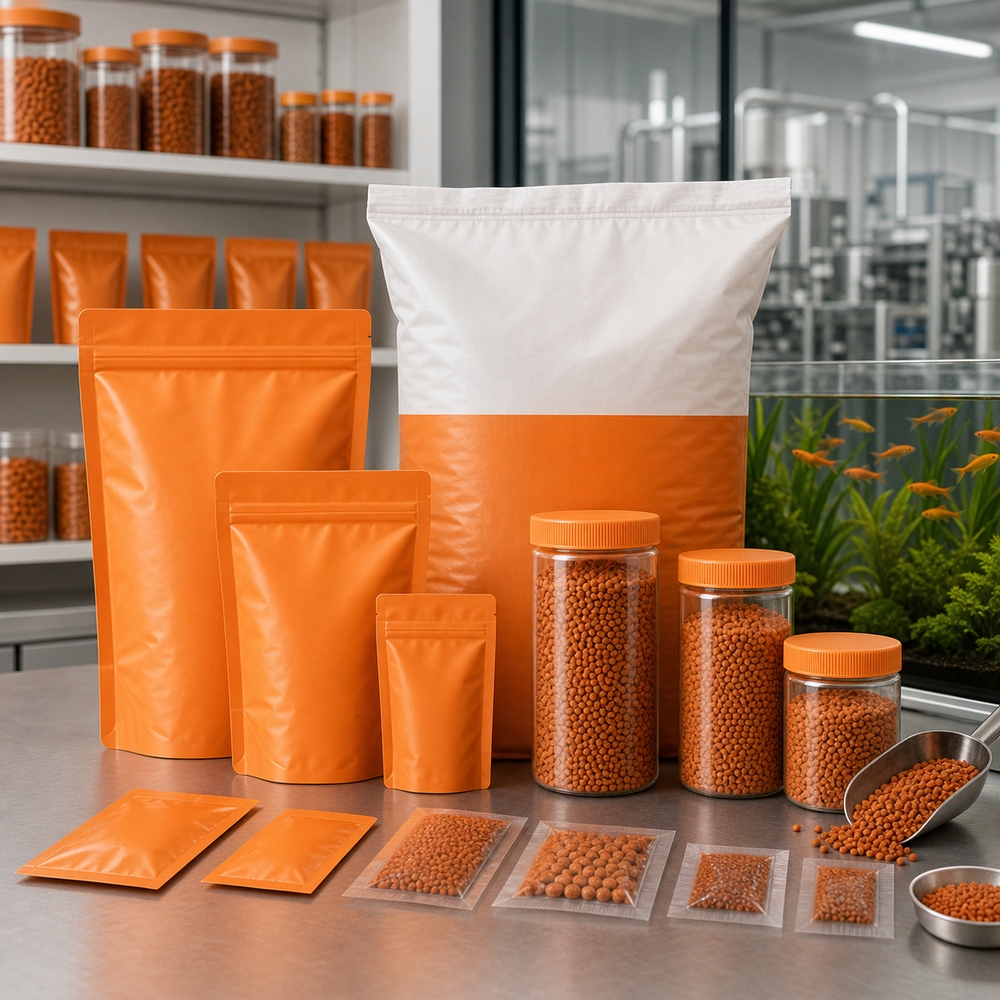 Orange fish feed retail packaging and OEM pack sizes