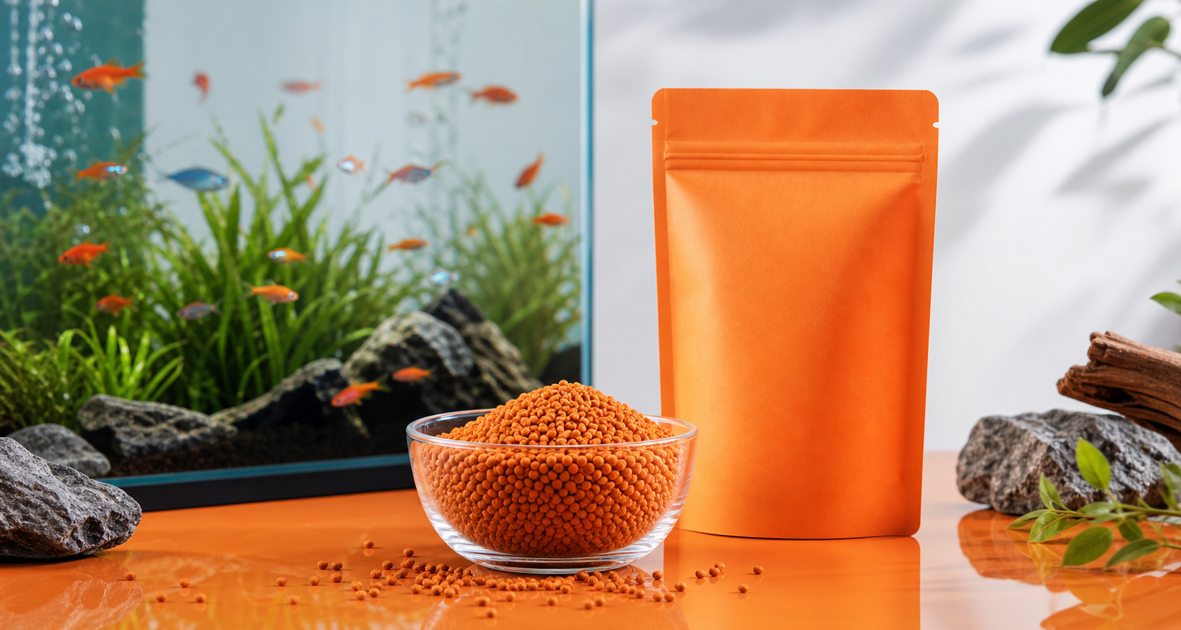 Orange fish feed pouch and pellets with aquarium background