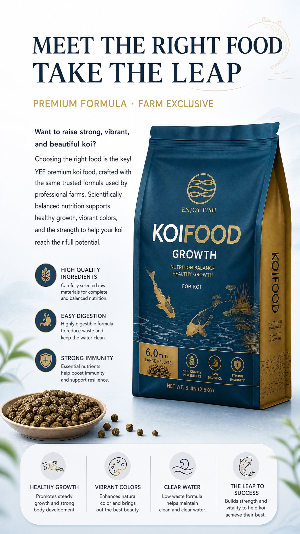 Premium Koi Growth & Color Food Pellets (3.0mm & 6.0mm Pellets, Small Packs & 2.5kg Bulk Bag) - High-Nutrient Feed with Scoop | OEM Wholesale 1
