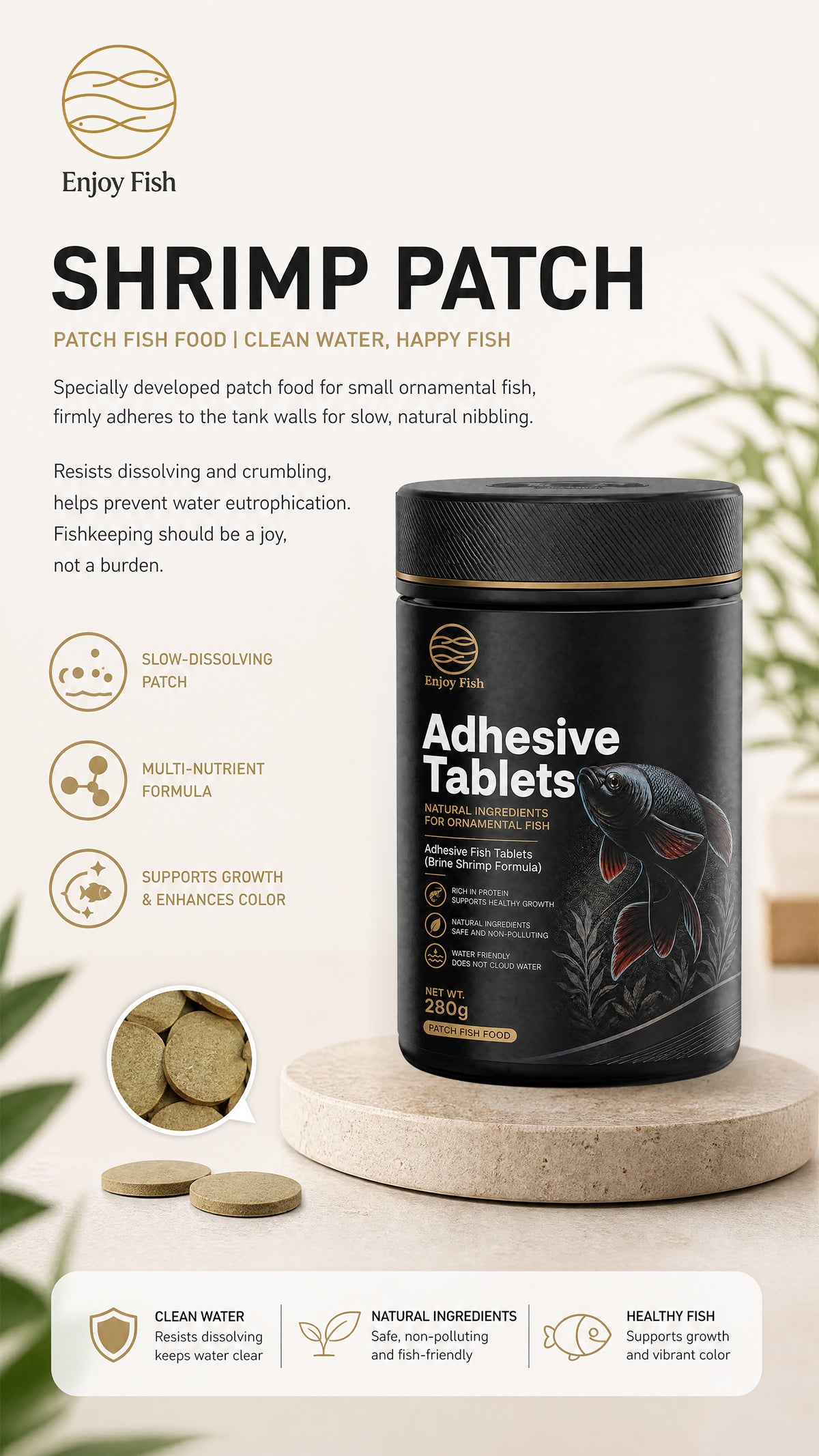 Premium Brine Shrimp & Spirulina Adhesive Fish Tablets (42% High Protein, Stick-On Feeding, 30g-280g Multi-Packs) - Color & Growth Feed for Guppies & Bettas | OEM Wholesale 1