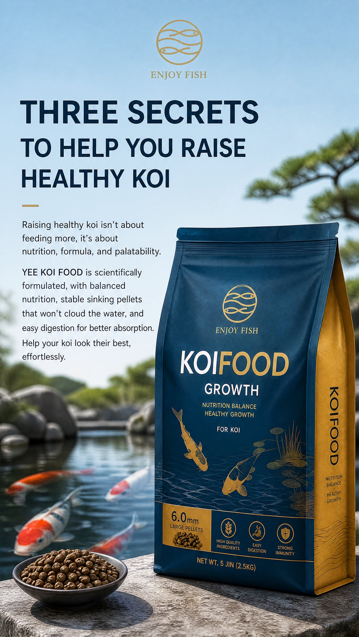 Premium Koi Growth & Color Food Pellets (3.0mm & 6.0mm Pellets, Small Packs & 2.5kg Bulk Bag) - High-Nutrient Feed with Scoop | OEM Wholesale 2