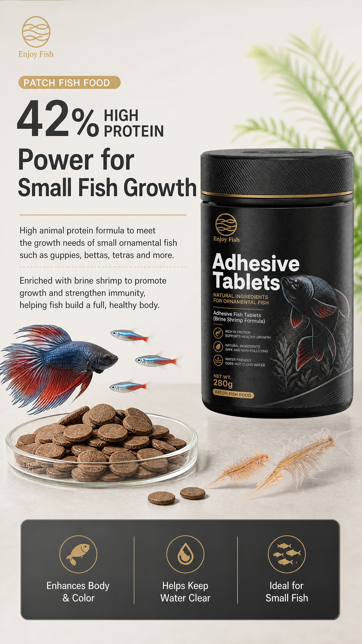 Premium Brine Shrimp & Spirulina Adhesive Fish Tablets (42% High Protein, Stick-On Feeding, 30g-280g Multi-Packs) - Color & Growth Feed for Guppies & Bettas | OEM Wholesale 2