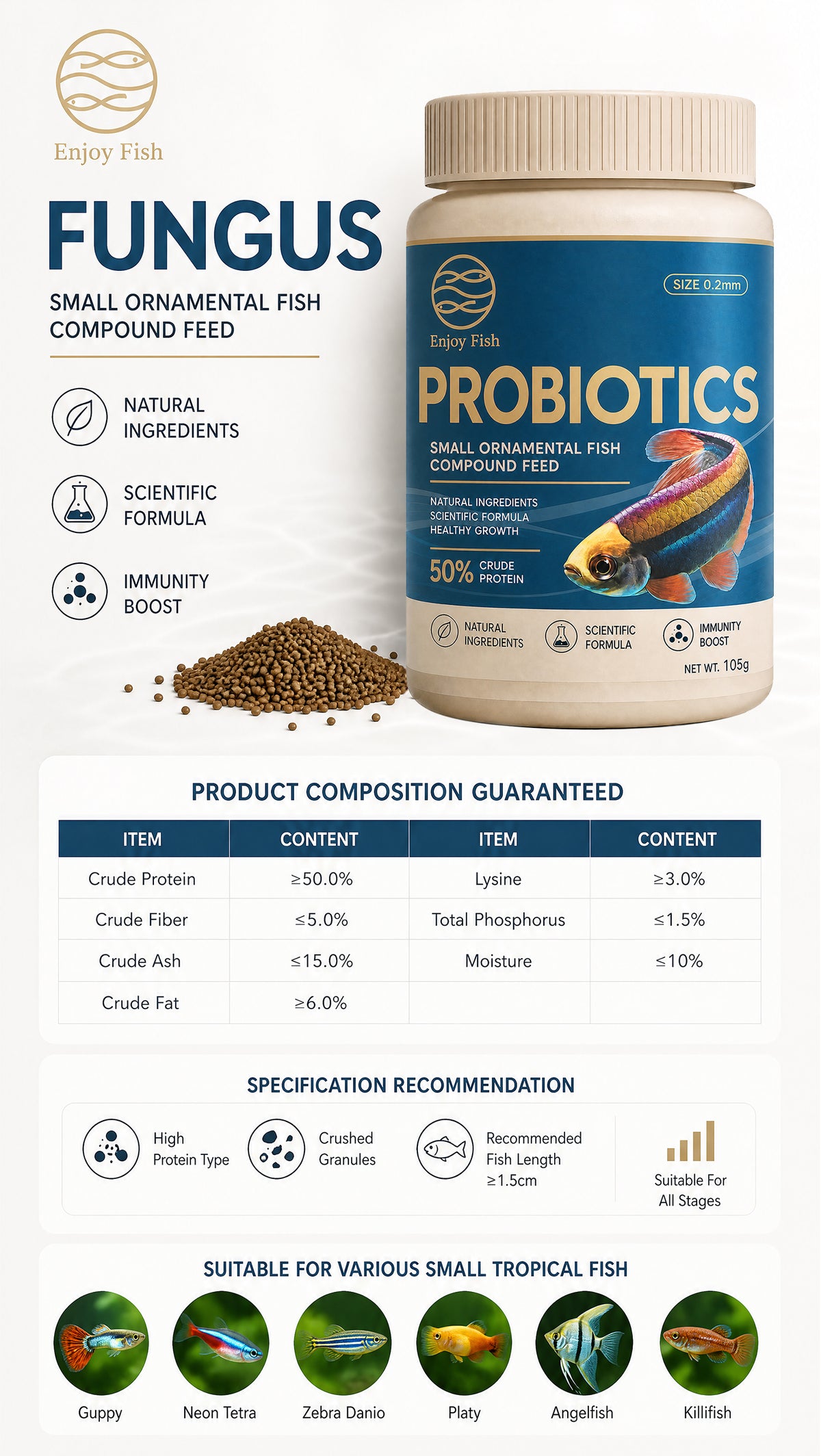 Probiotic Micro Fish Food Pellets (0.2mm Slow-Sinking, ≥50% High Protein) - High-Absorption Feed for Guppies & Small Fish | OEM Wholesale 3