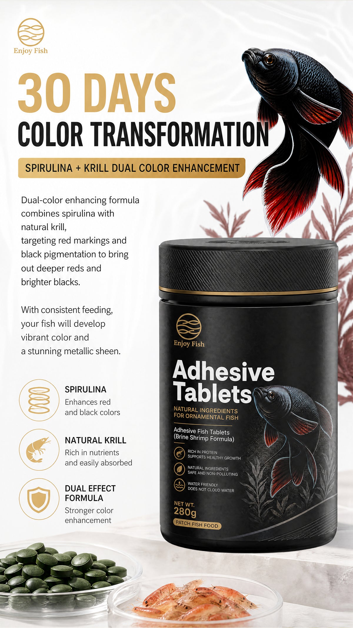 Premium Brine Shrimp & Spirulina Adhesive Fish Tablets (42% High Protein, Stick-On Feeding, 30g-280g Multi-Packs) - Color & Growth Feed for Guppies & Bettas | OEM Wholesale 3