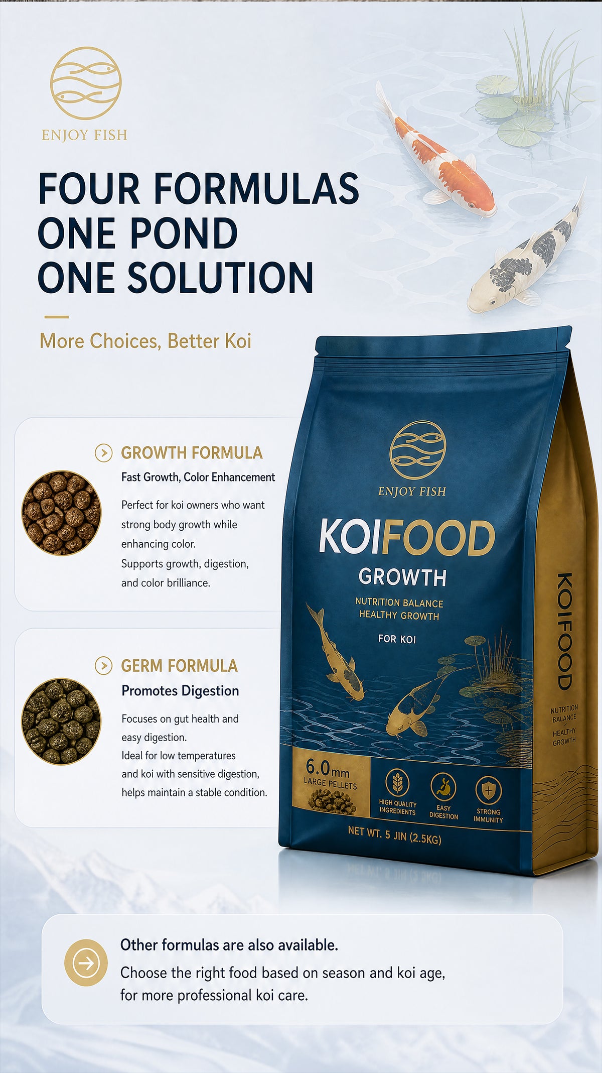 Premium Koi Growth & Color Food Pellets (3.0mm & 6.0mm Pellets, Small Packs & 2.5kg Bulk Bag) - High-Nutrient Feed with Scoop | OEM Wholesale 3