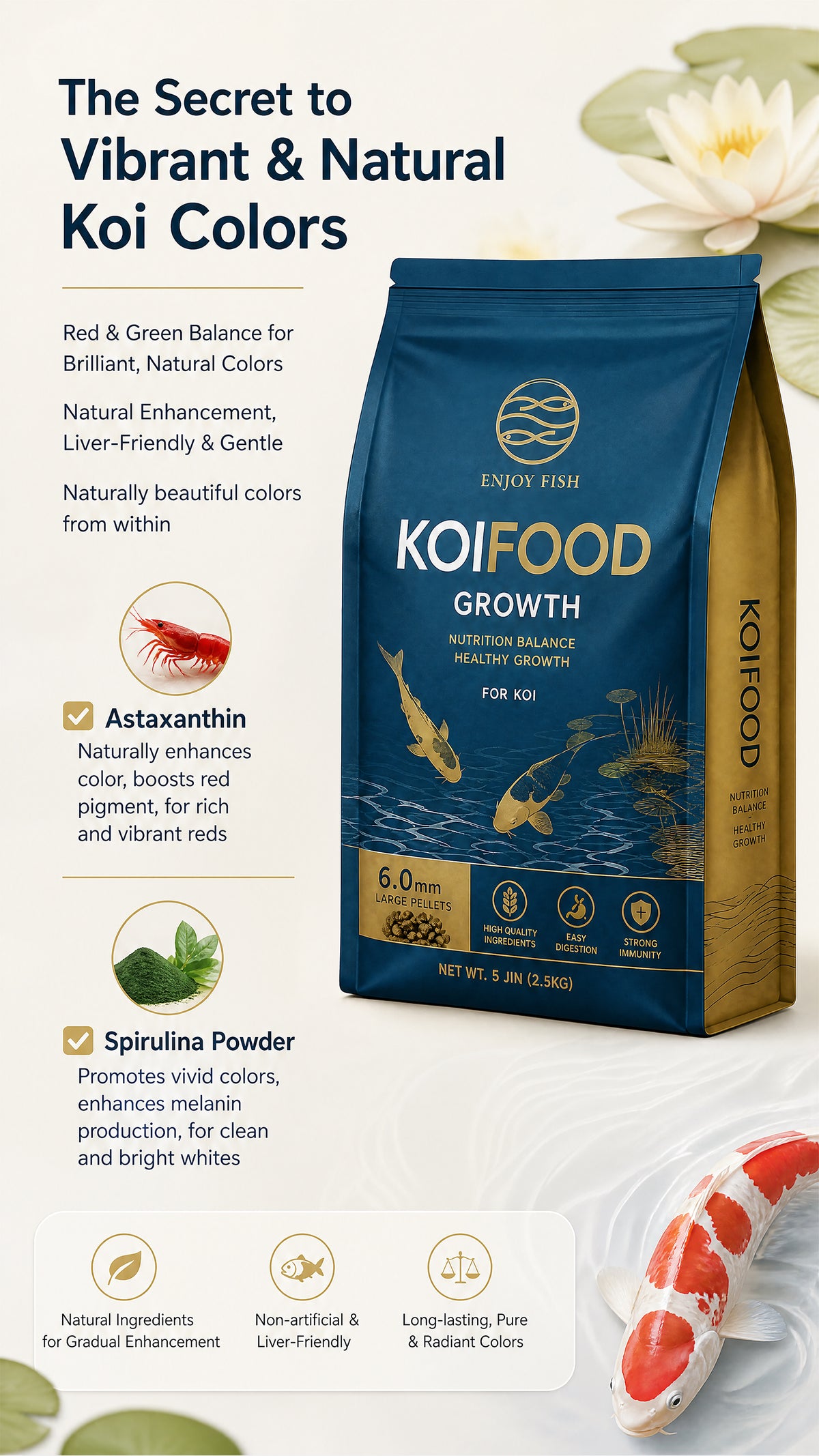 Premium Koi Growth & Color Food Pellets (3.0mm & 6.0mm Pellets, Small Packs & 2.5kg Bulk Bag) - High-Nutrient Feed with Scoop | OEM Wholesale 4