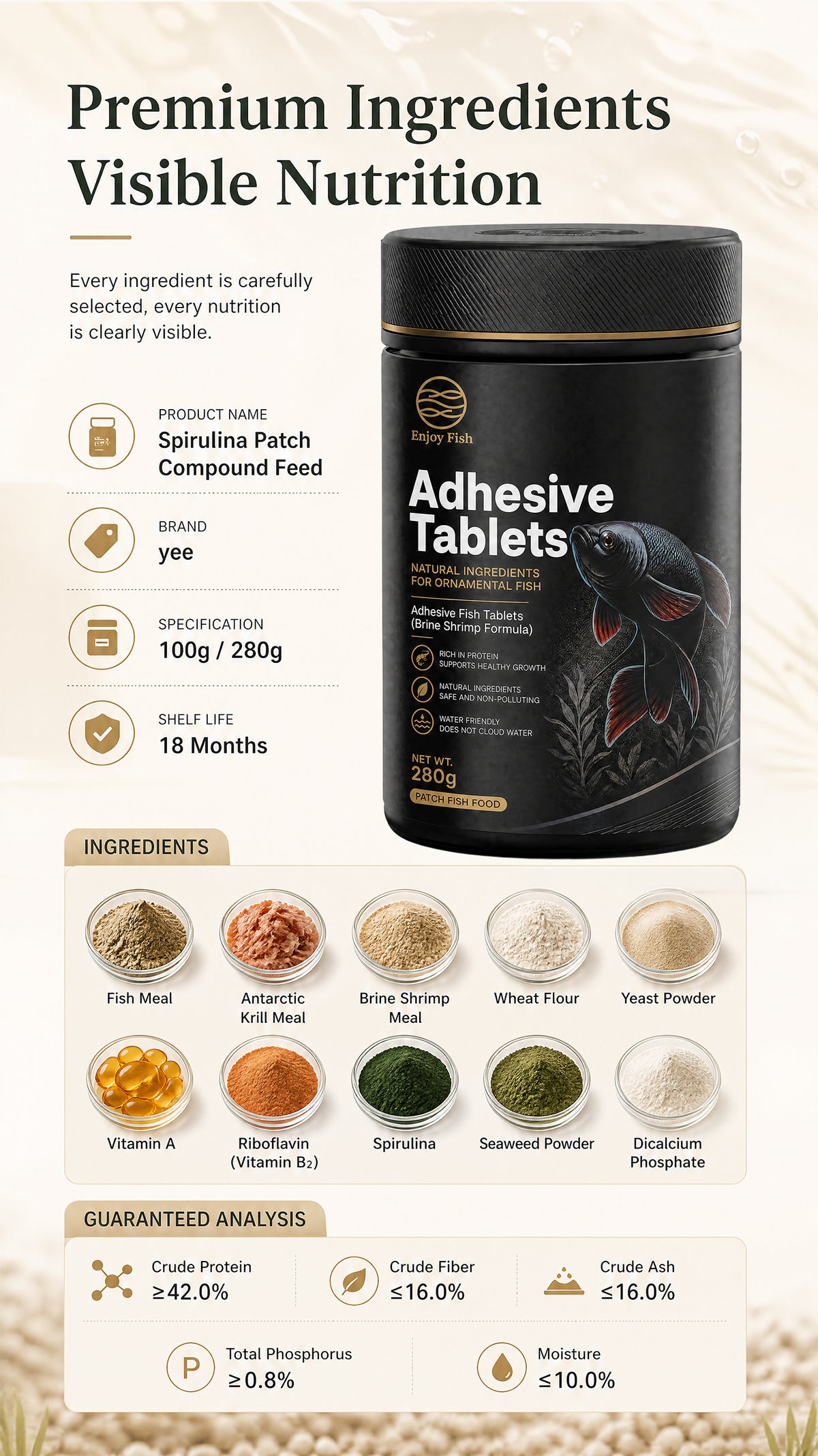 Premium Brine Shrimp & Spirulina Adhesive Fish Tablets (42% High Protein, Stick-On Feeding, 30g-280g Multi-Packs) - Color & Growth Feed for Guppies & Bettas | OEM Wholesale 5