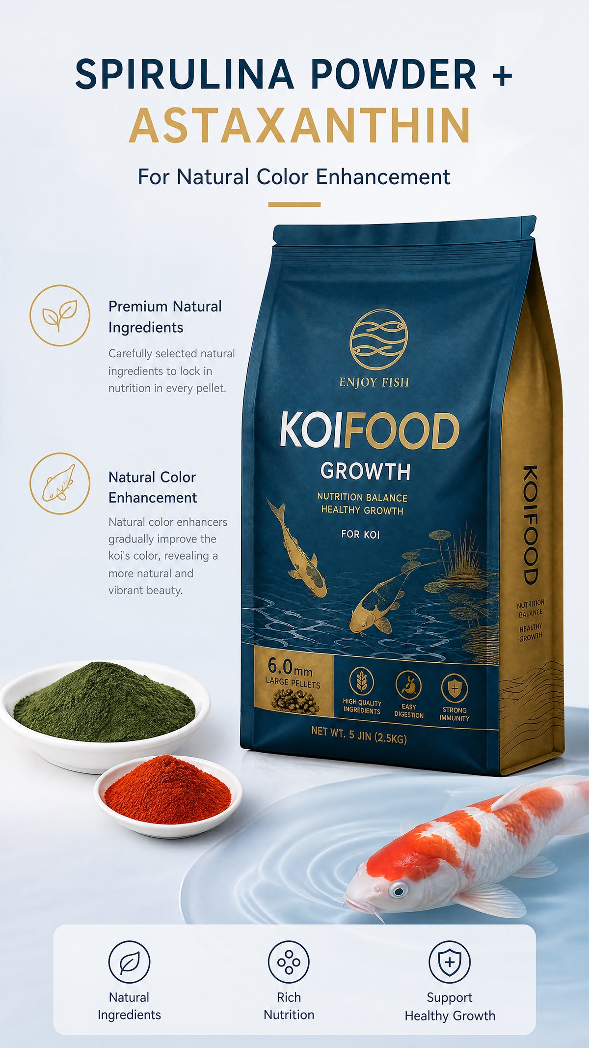 Premium Koi Growth & Color Food Pellets (3.0mm & 6.0mm Pellets, Small Packs & 2.5kg Bulk Bag) - High-Nutrient Feed with Scoop | OEM Wholesale 5