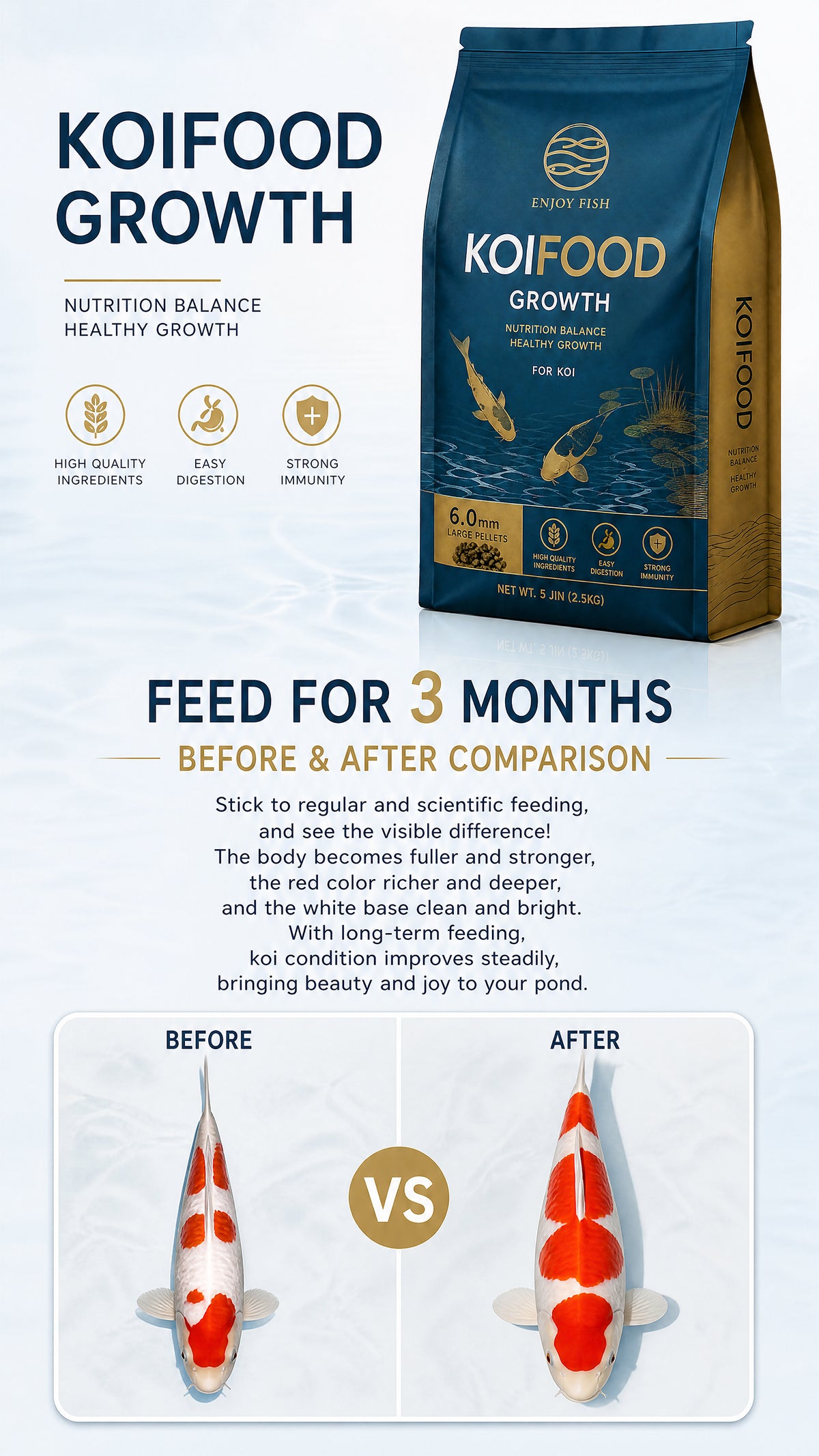 Premium Koi Growth & Color Food Pellets (3.0mm & 6.0mm Pellets, Small Packs & 2.5kg Bulk Bag) - High-Nutrient Feed with Scoop | OEM Wholesale 6