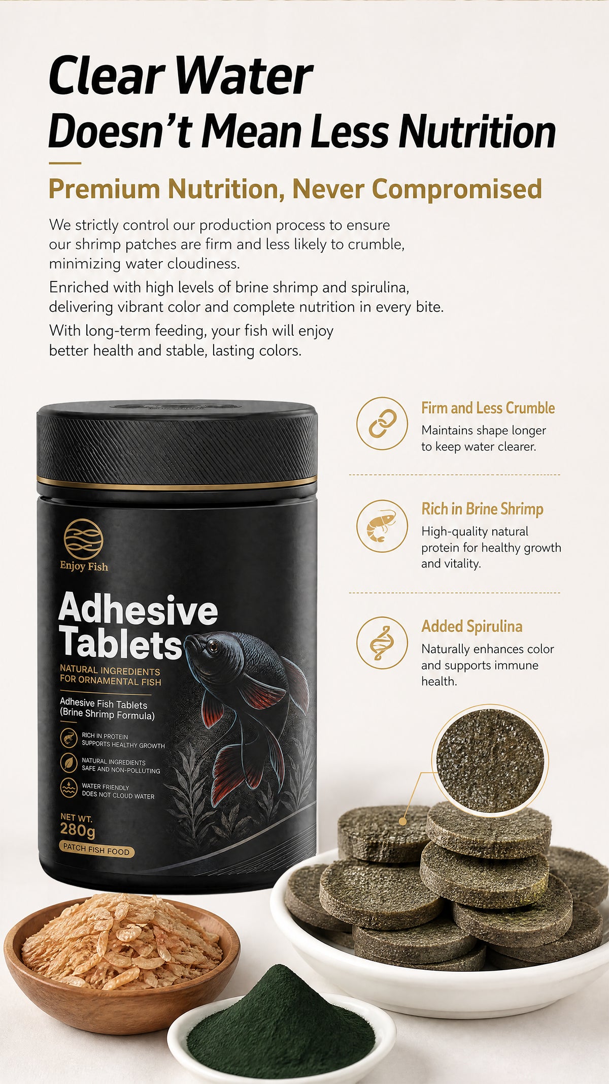 Premium Brine Shrimp & Spirulina Adhesive Fish Tablets (42% High Protein, Stick-On Feeding, 30g-280g Multi-Packs) - Color & Growth Feed for Guppies & Bettas | OEM Wholesale 6