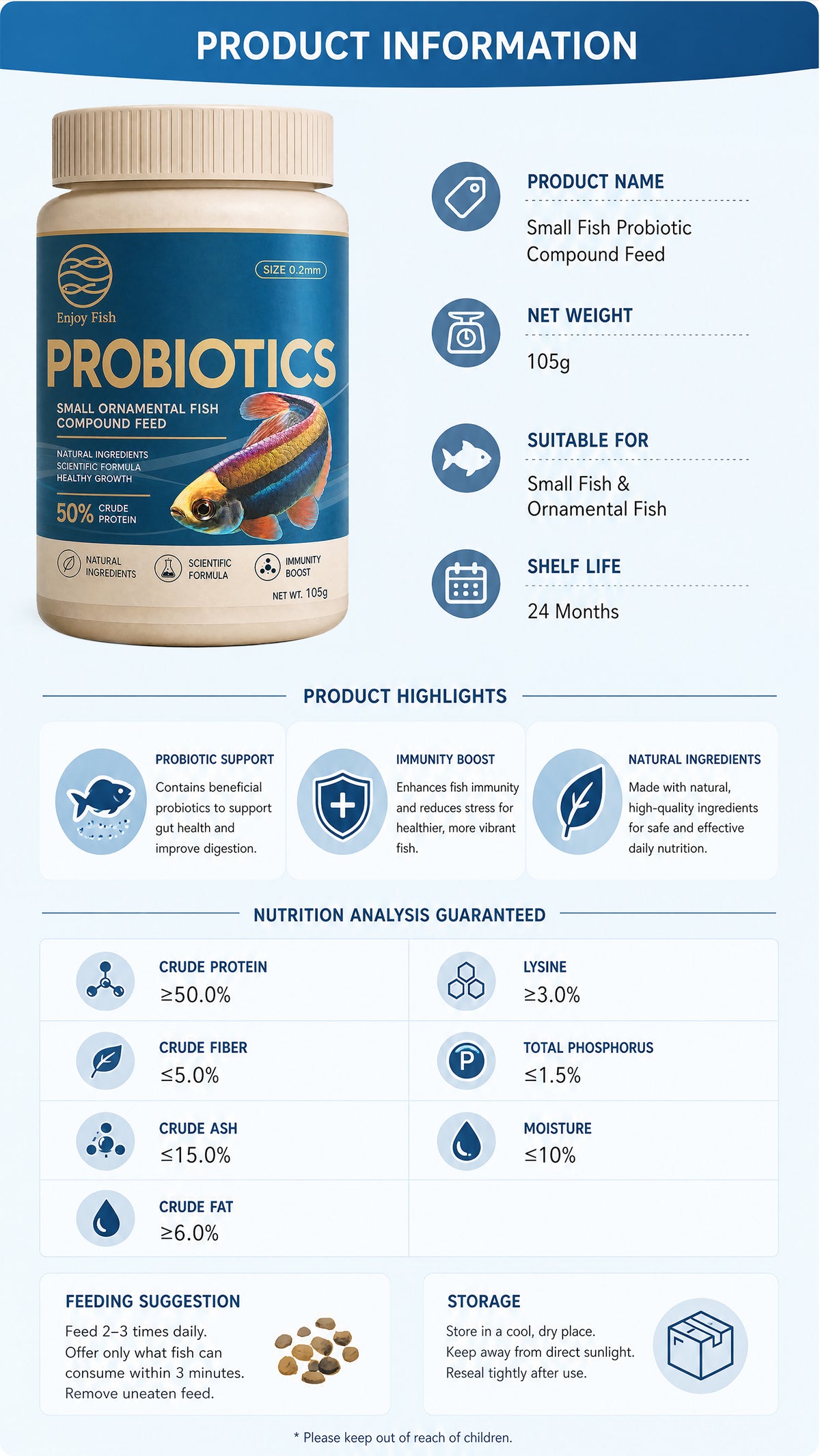 Probiotic Micro Fish Food Pellets (0.2mm Slow-Sinking, ≥50% High Protein) - High-Absorption Feed for Guppies & Small Fish | OEM Wholesale 6