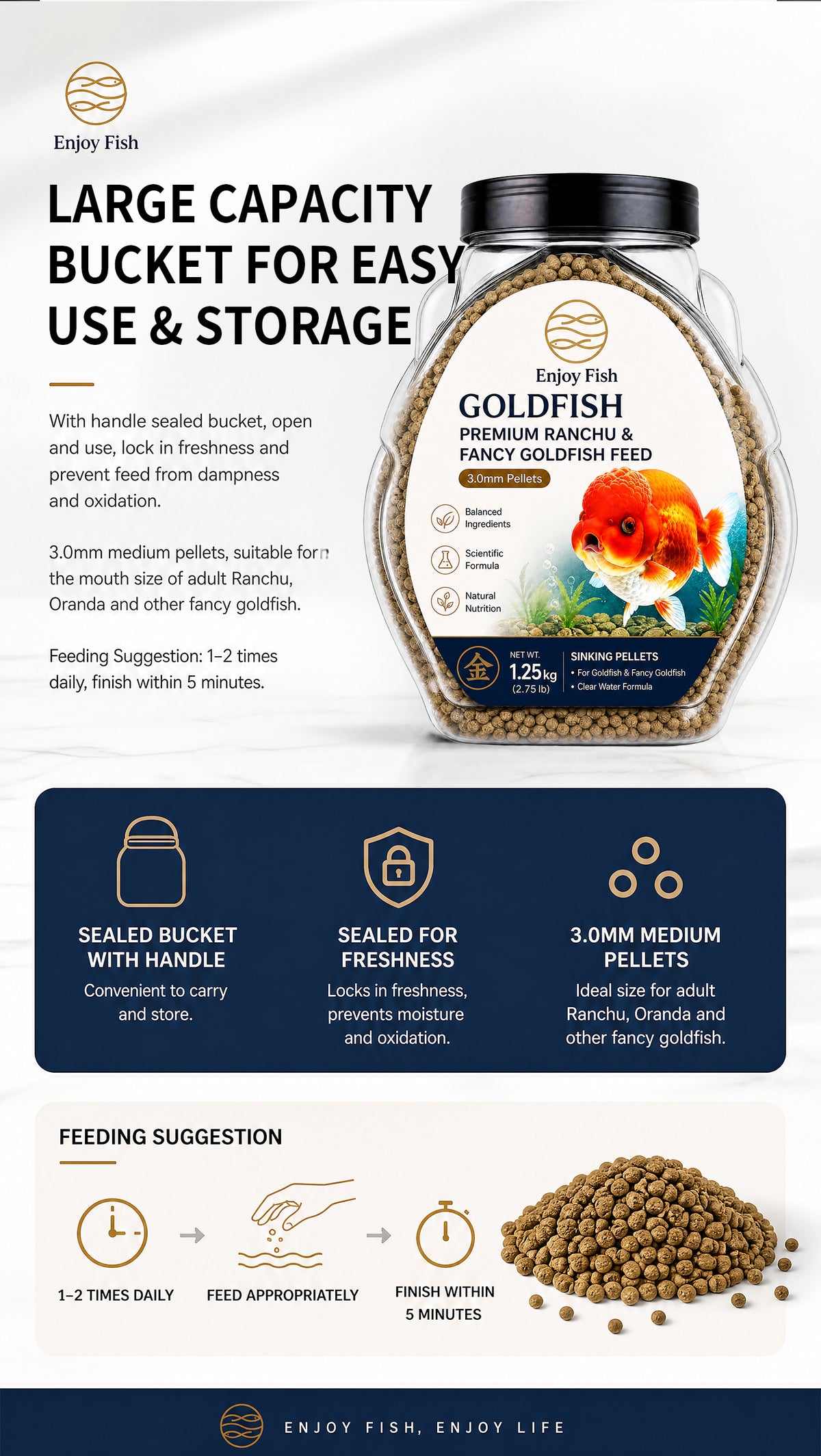 Ranchu Goldfish Pellets (45% High Protein, 1.5mm & 3.0mm Pellets, Multi-Size Jars 250g-1.25kg) - Fancy Goldfish Feed | OEM Wholesale 6