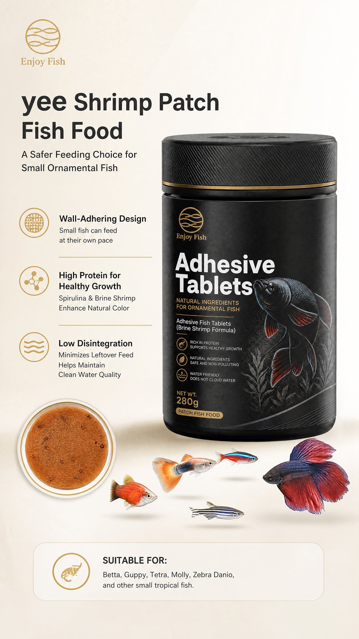 Premium Brine Shrimp & Spirulina Adhesive Fish Tablets (42% High Protein, Stick-On Feeding, 30g-280g Multi-Packs) - Color & Growth Feed for Guppies & Bettas | OEM Wholesale 7