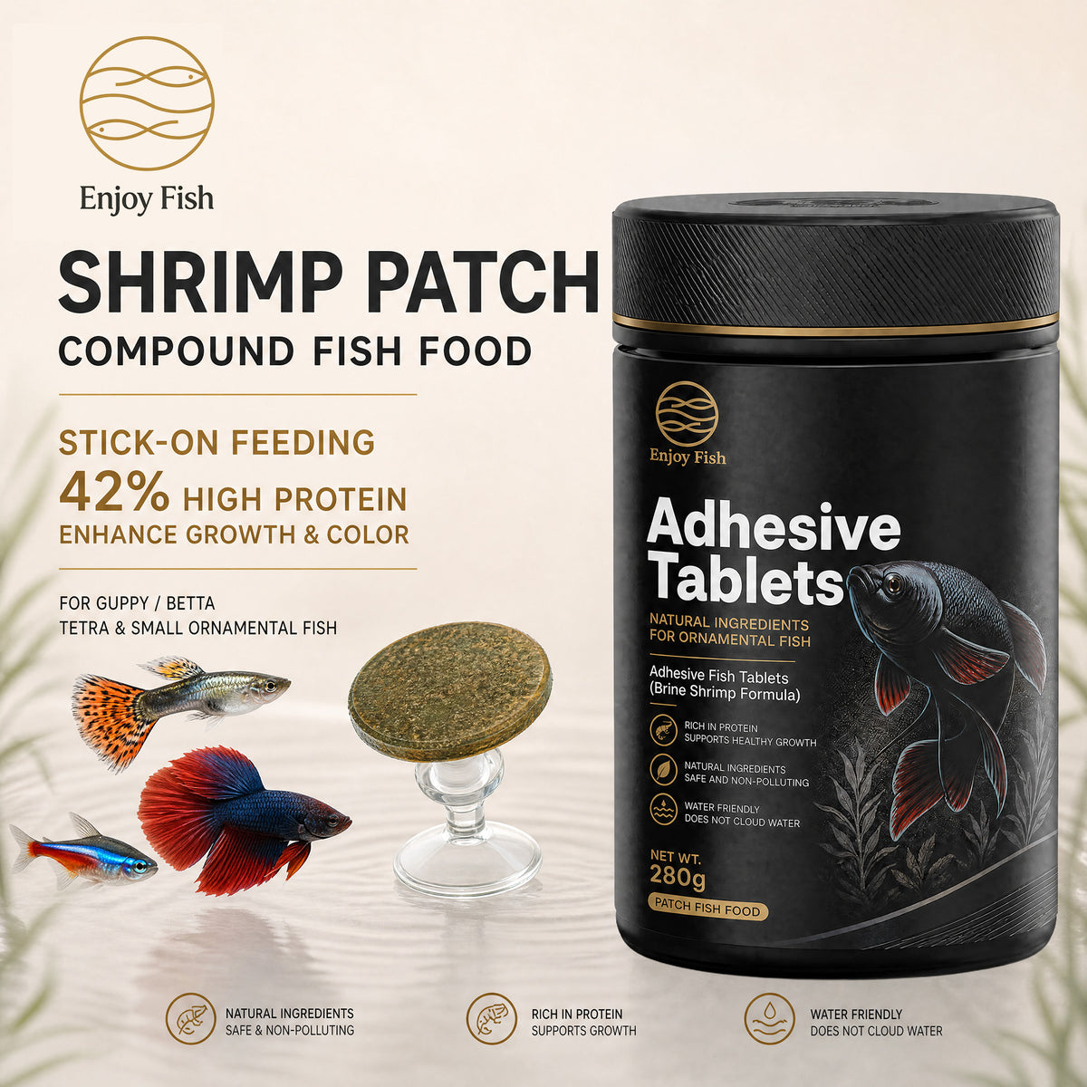 Premium Brine Shrimp & Spirulina Adhesive Fish Tablets (42% High Protein, Stick-On Feeding, 30g-280g Multi-Packs) - Color & Growth Feed for Guppies & Bettas | OEM Wholesale