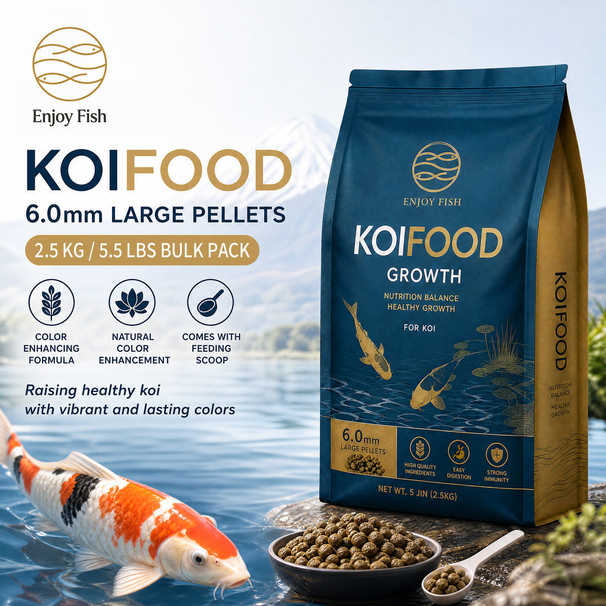 Premium Koi Growth & Color Food Pellets (3.0mm & 6.0mm Pellets, Small Packs & 2.5kg Bulk Bag) - High-Nutrient Feed with Scoop | OEM Wholesale