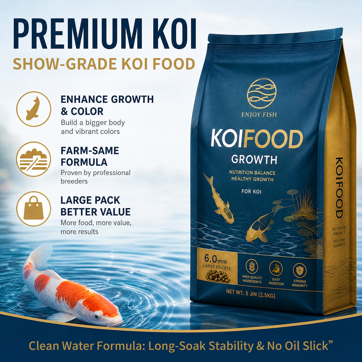 Premium Koi Growth & Color Food Pellets (3.0mm & 6.0mm Pellets, Small Packs & 2.5kg Bulk Bag) - High-Nutrient Feed with Scoop | OEM Wholesale