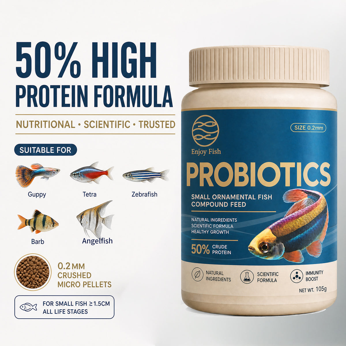 Probiotic Micro Fish Food Pellets (0.2mm Slow-Sinking, ≥50% High Protein) - High-Absorption Feed for Guppies & Small Fish | OEM Wholesale