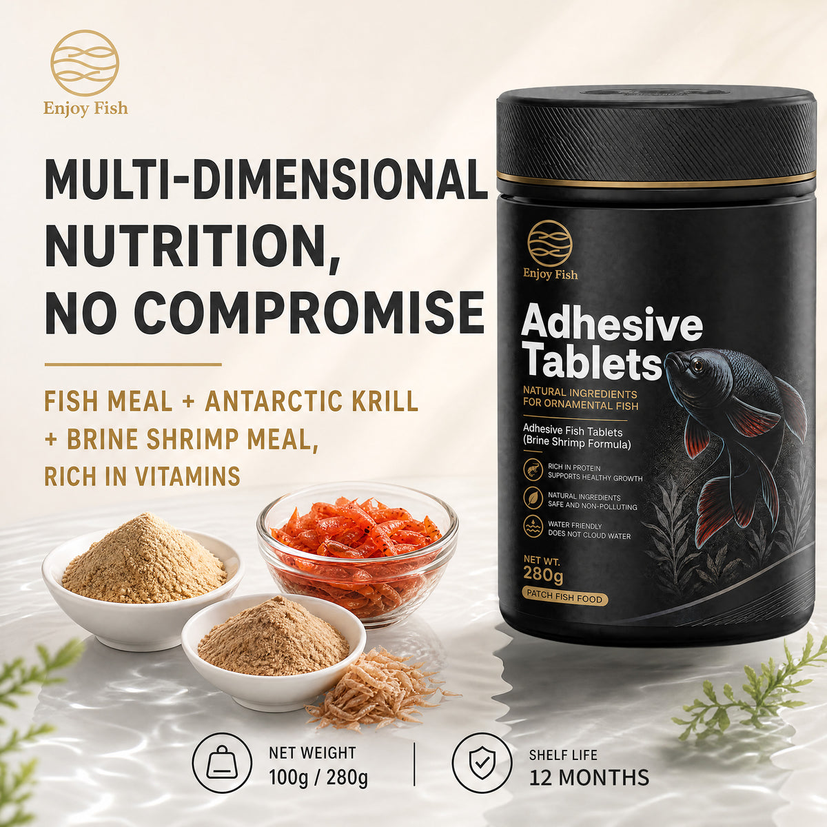 Premium Brine Shrimp & Spirulina Adhesive Fish Tablets (42% High Protein, Stick-On Feeding, 30g-280g Multi-Packs) - Color & Growth Feed for Guppies & Bettas | OEM Wholesale