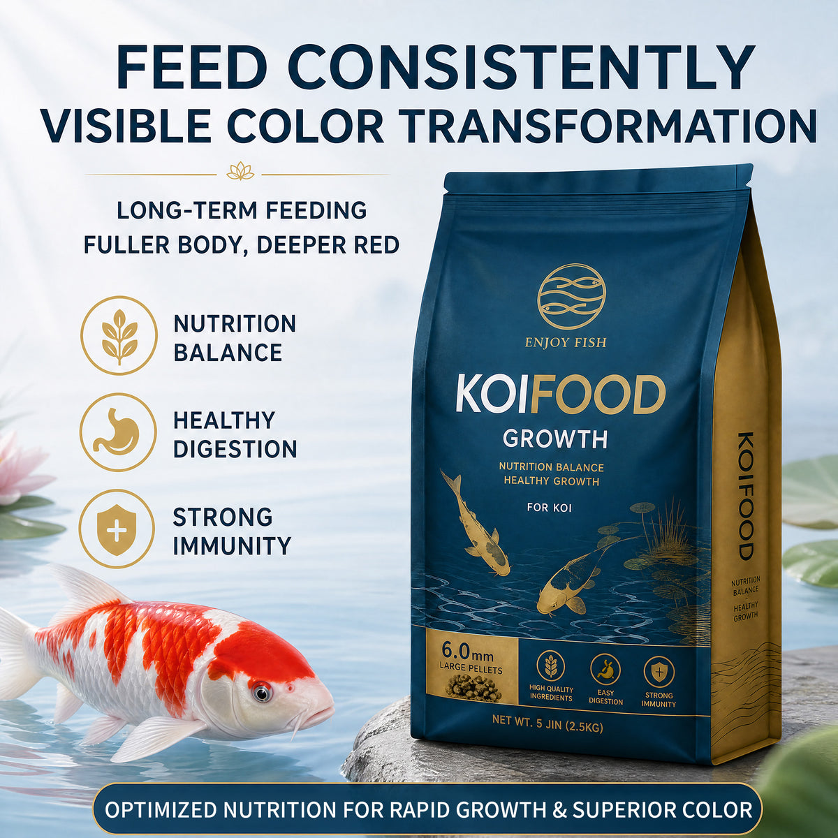 Premium Koi Growth & Color Food Pellets (3.0mm & 6.0mm Pellets, Small Packs & 2.5kg Bulk Bag) - High-Nutrient Feed with Scoop | OEM Wholesale